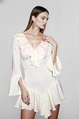 Lace-Up Ruffle V Neck A-Line Mini Dress