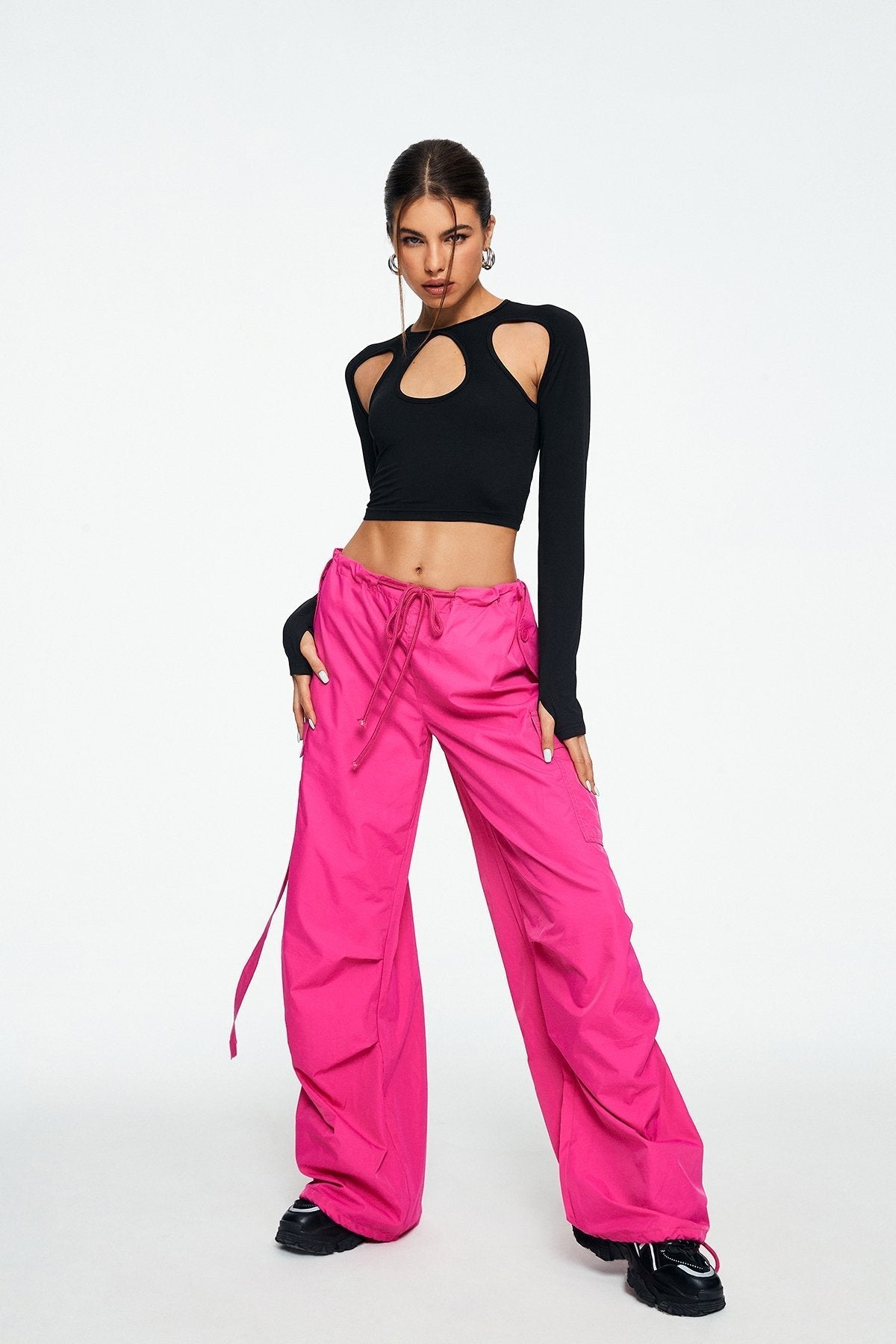 Drawstring Waist Pocket Patched Parachute Pants