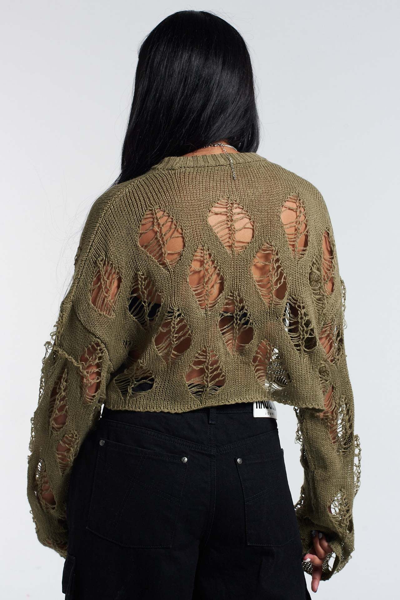 Round Neck Ripped Open Knit Long Sleeve Top