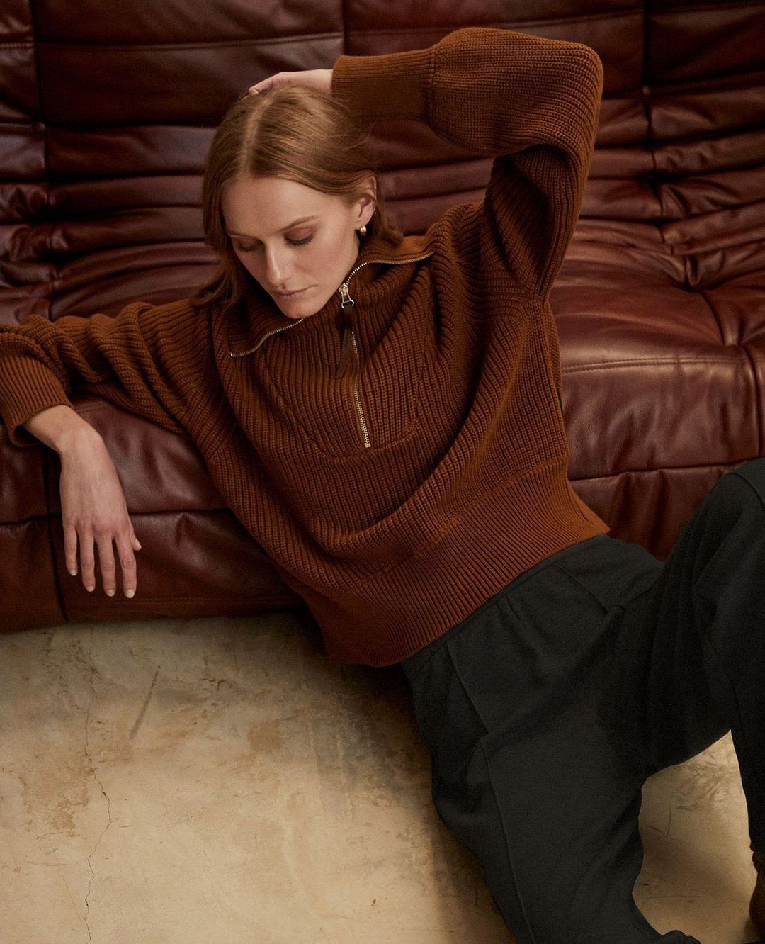 Wide Collar Half Zip Long Sleeve Sweater