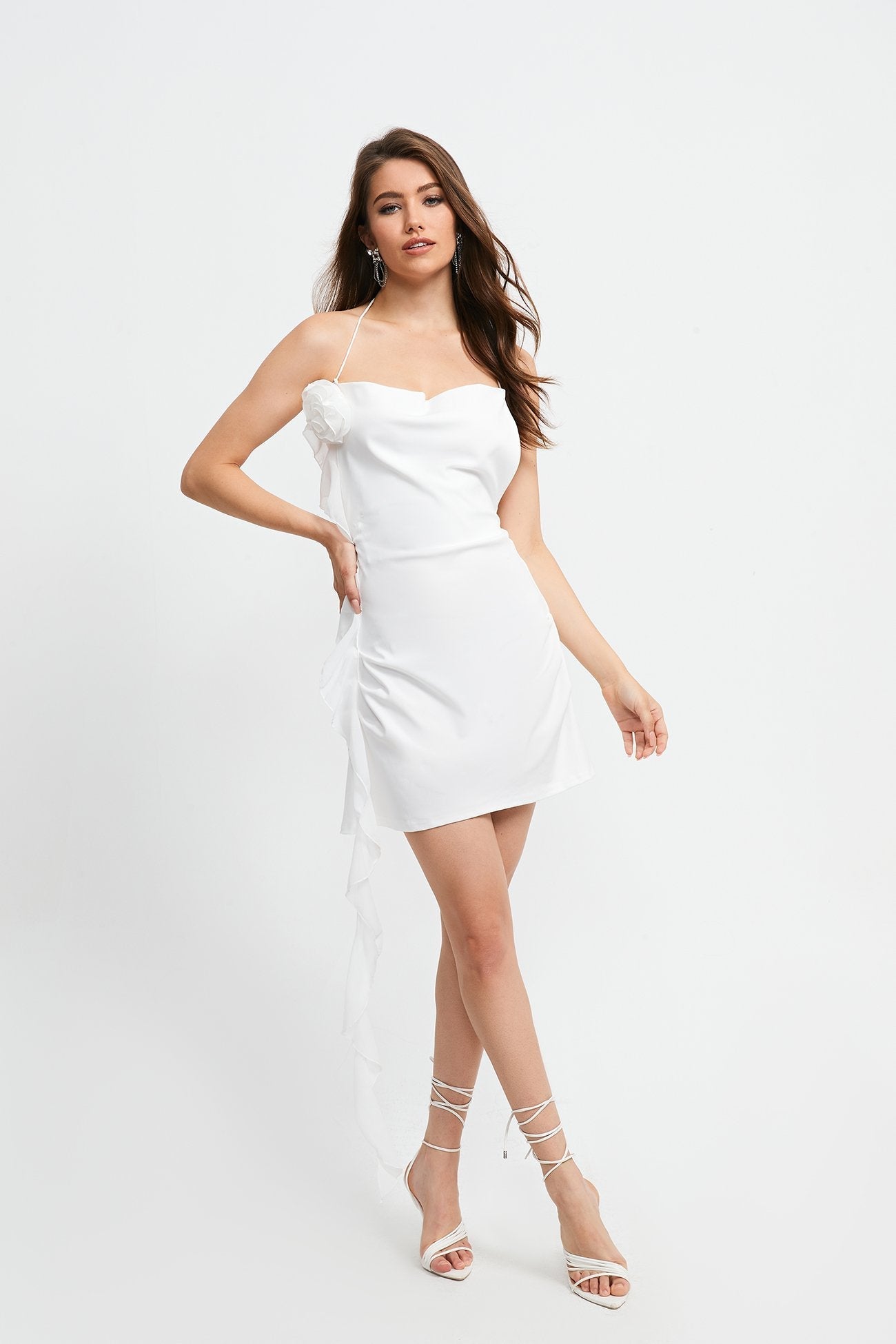 Halter Neck Three-dimensional Flower Ruffle Mini Dress