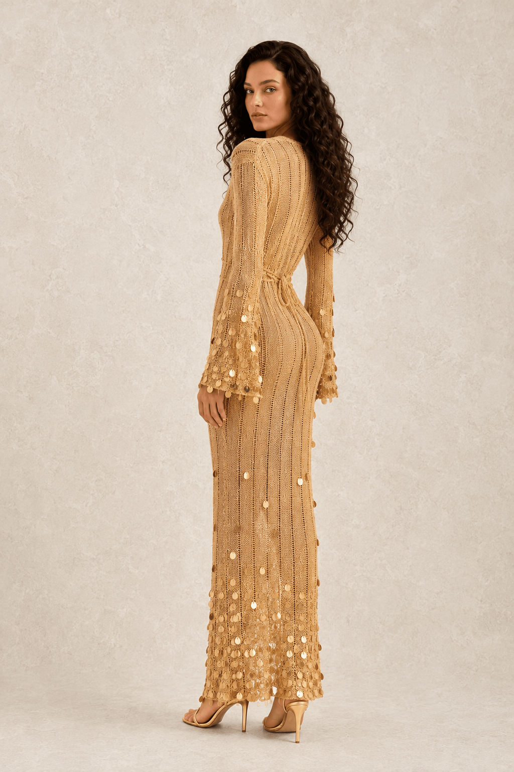 V Neck Belted Sequin Knit Maxi Dress