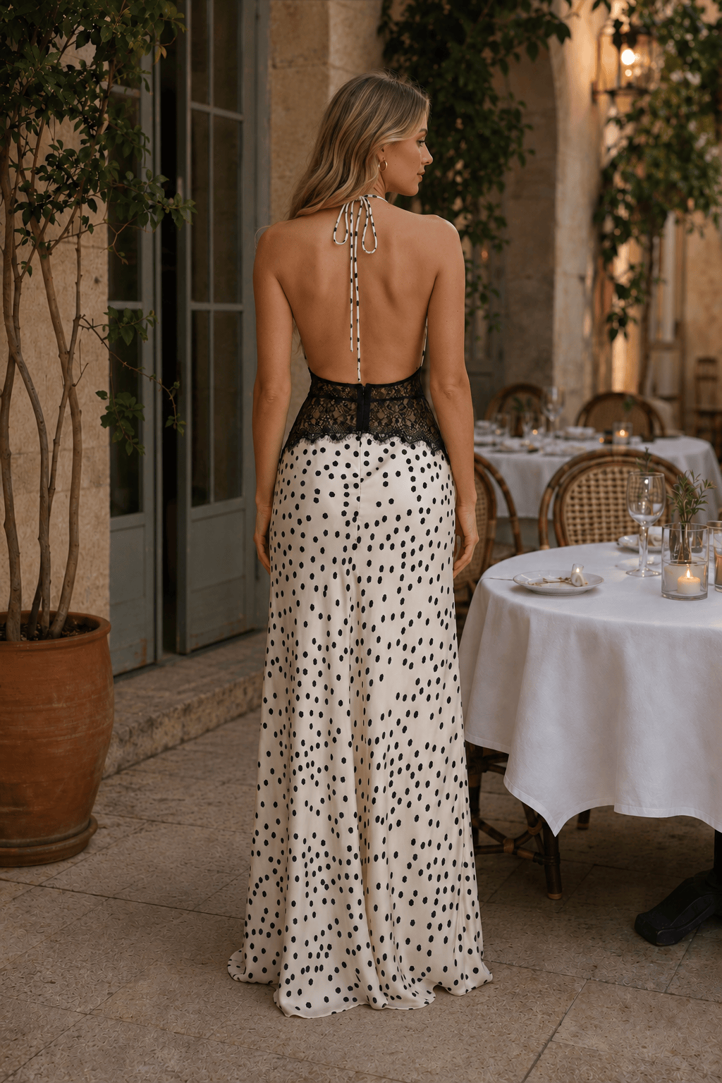 Polka Dot Lace Patchwork Deep V Backless Ruched Elegant Maxi Dress