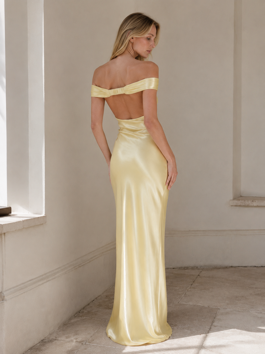 Vintage Satin Mermaid Off Shoulder Maxi Dress