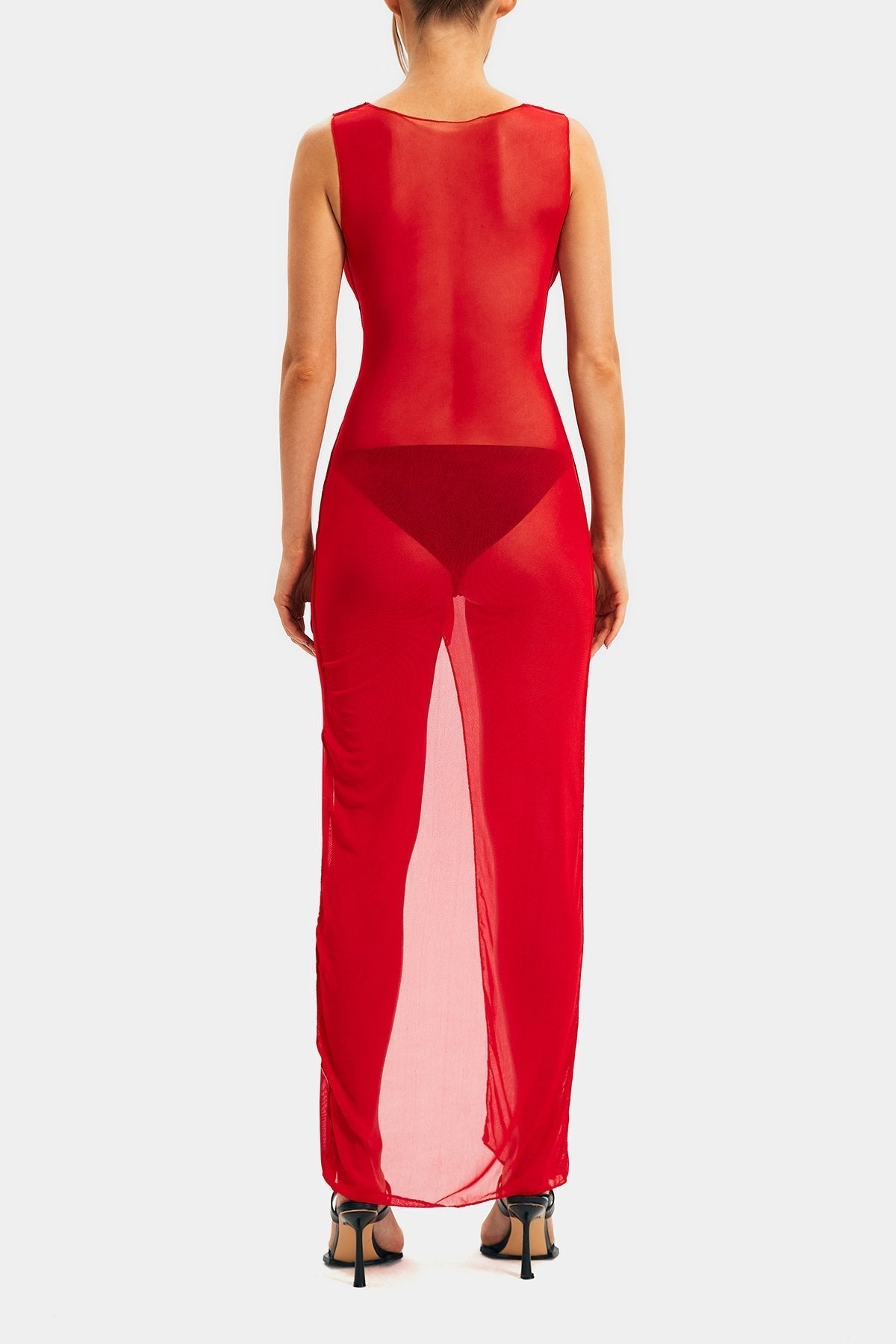 Mesh Cut Out Knot Front Split Thigh Maxi Dress