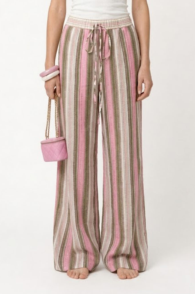 Colorful Colorblock Striped Elastic Wide-Leg Pants