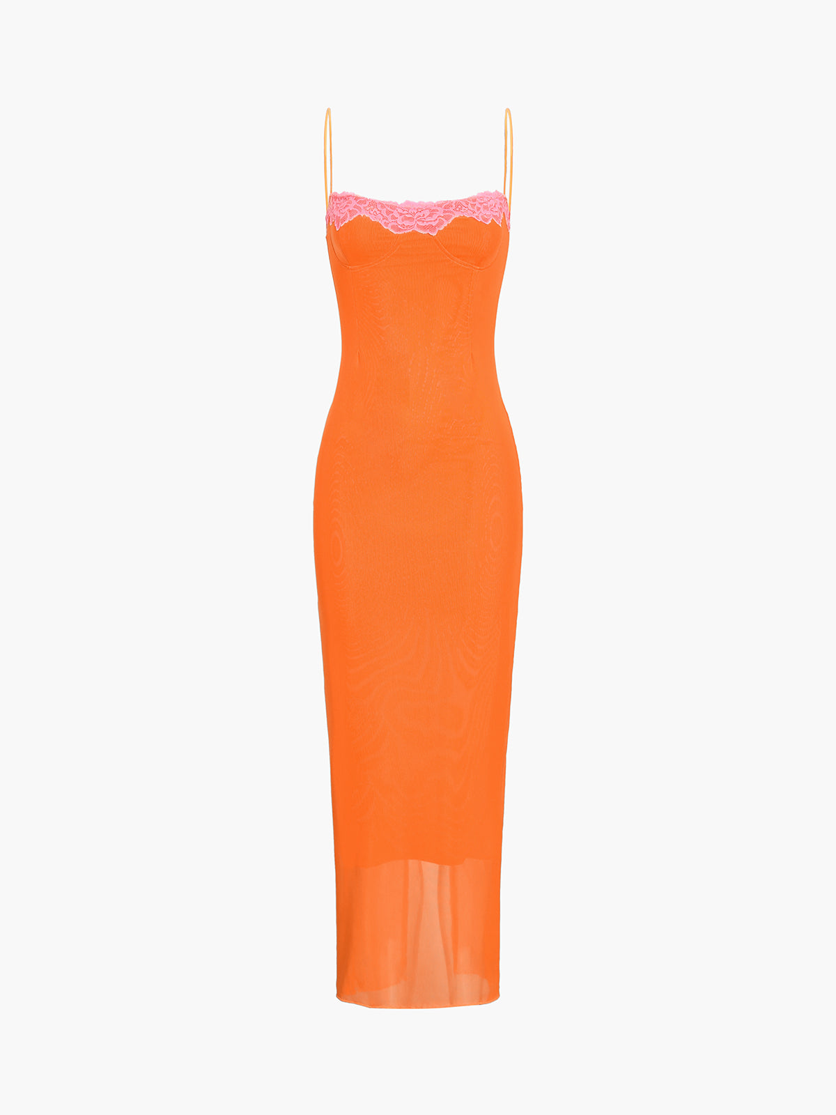 Semi-Sheer Mesh Lace Trim Long Dress