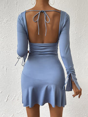 Long Sleeve Ruched A-Line Mini Dress in Blue