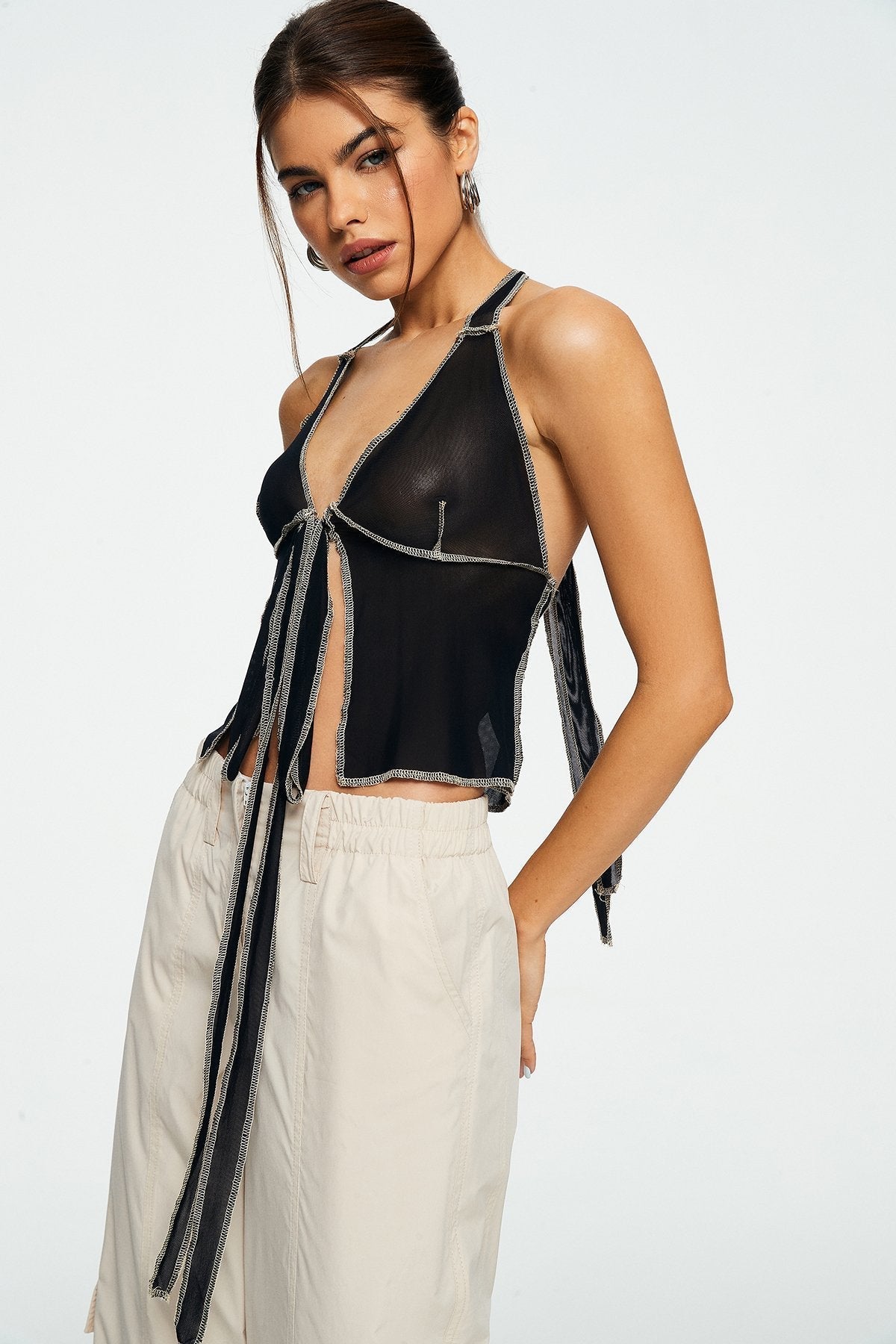 Top-stitching Split Hem Backless Mesh Crop Top