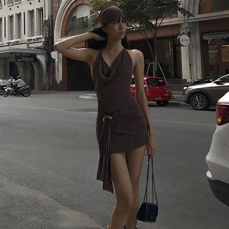 Heart Detail Cowl Neck Mini Dress in Brown