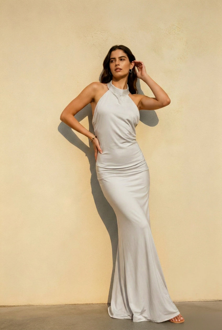 Solid Sleeveless Halter  Backless Satin Formal Dress