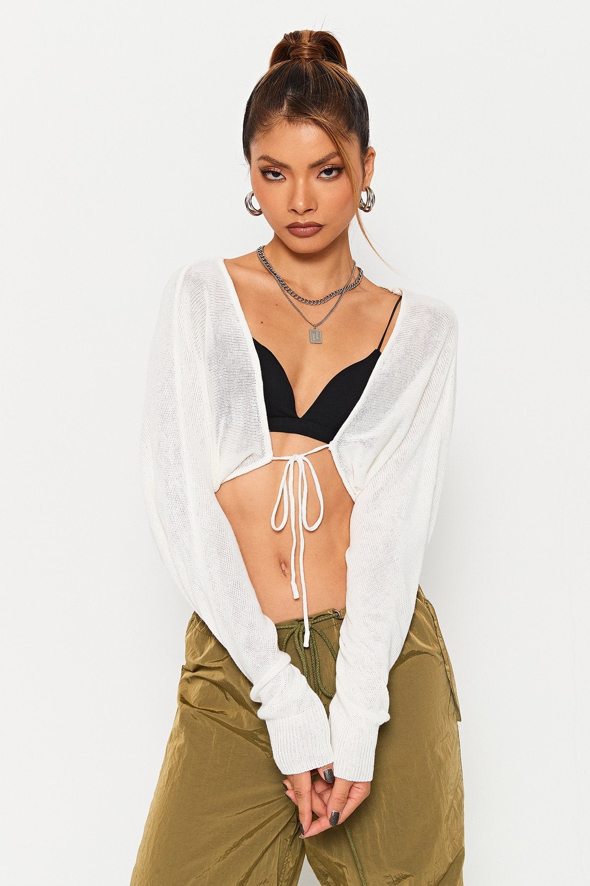Tie Front Long Sleeve Solid Cardigan Without Bra