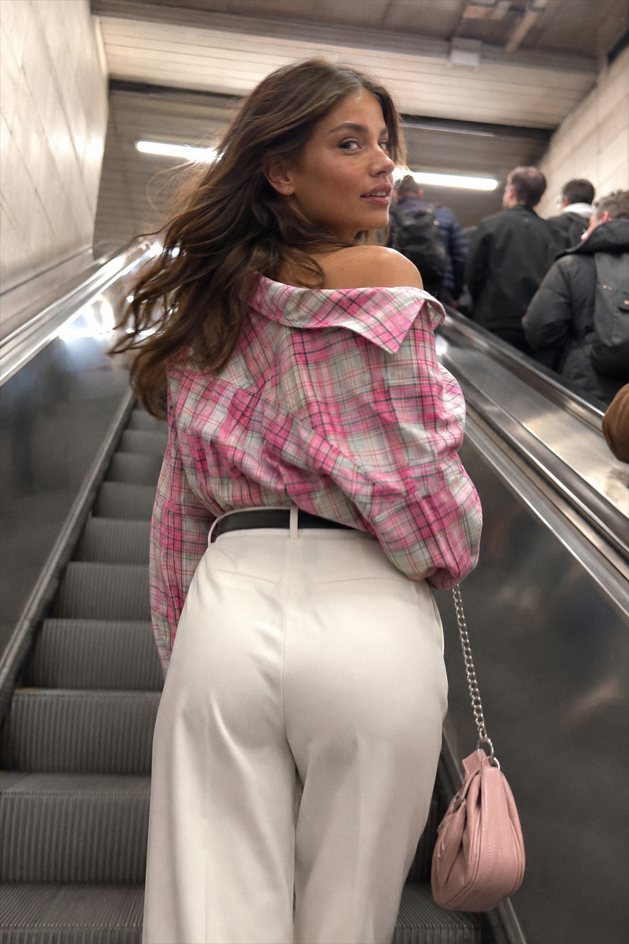 Pink Plaid Loose Fit Button-Up Blouse