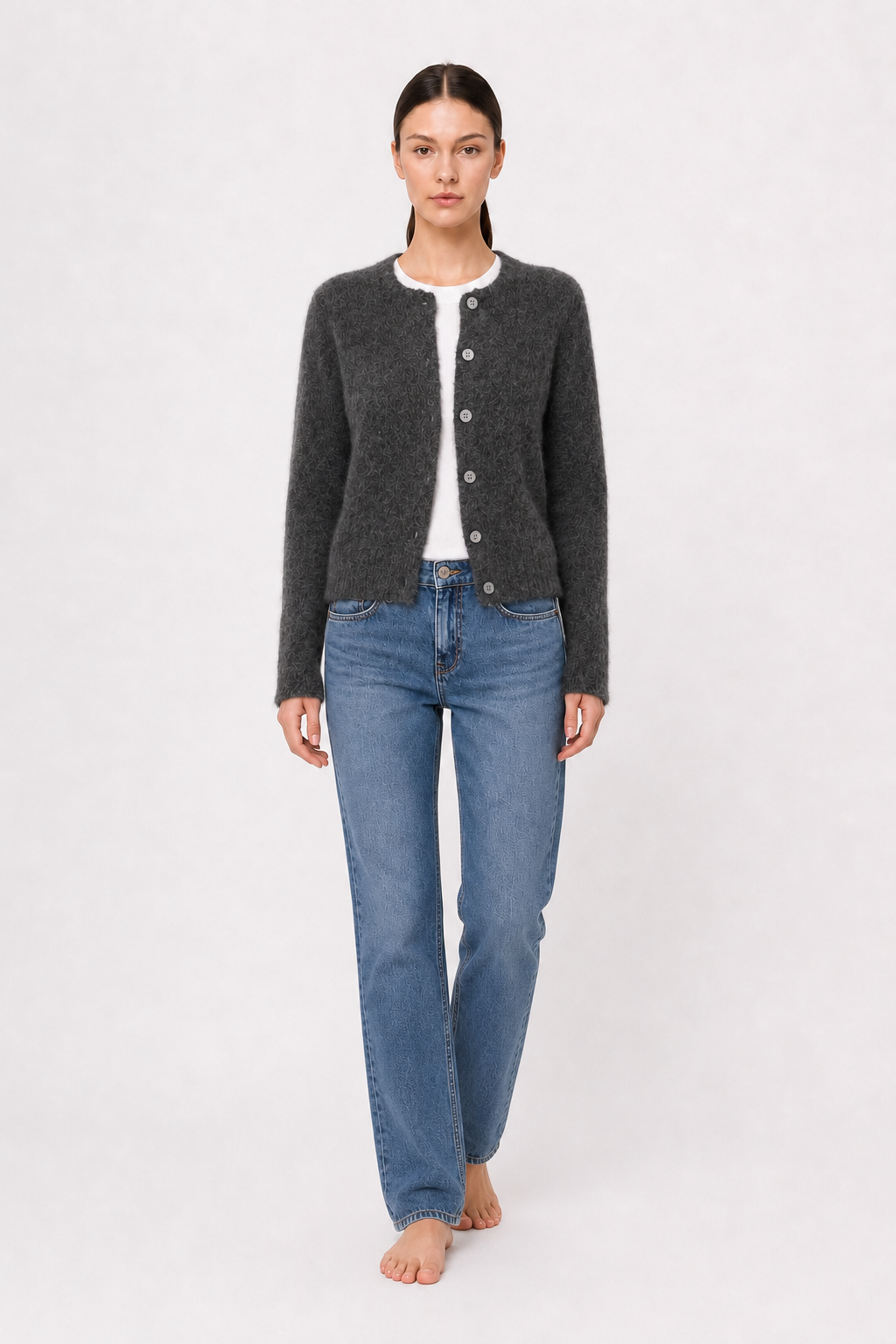 Soft Gray Vintage Shell-Button Knit Cardigan