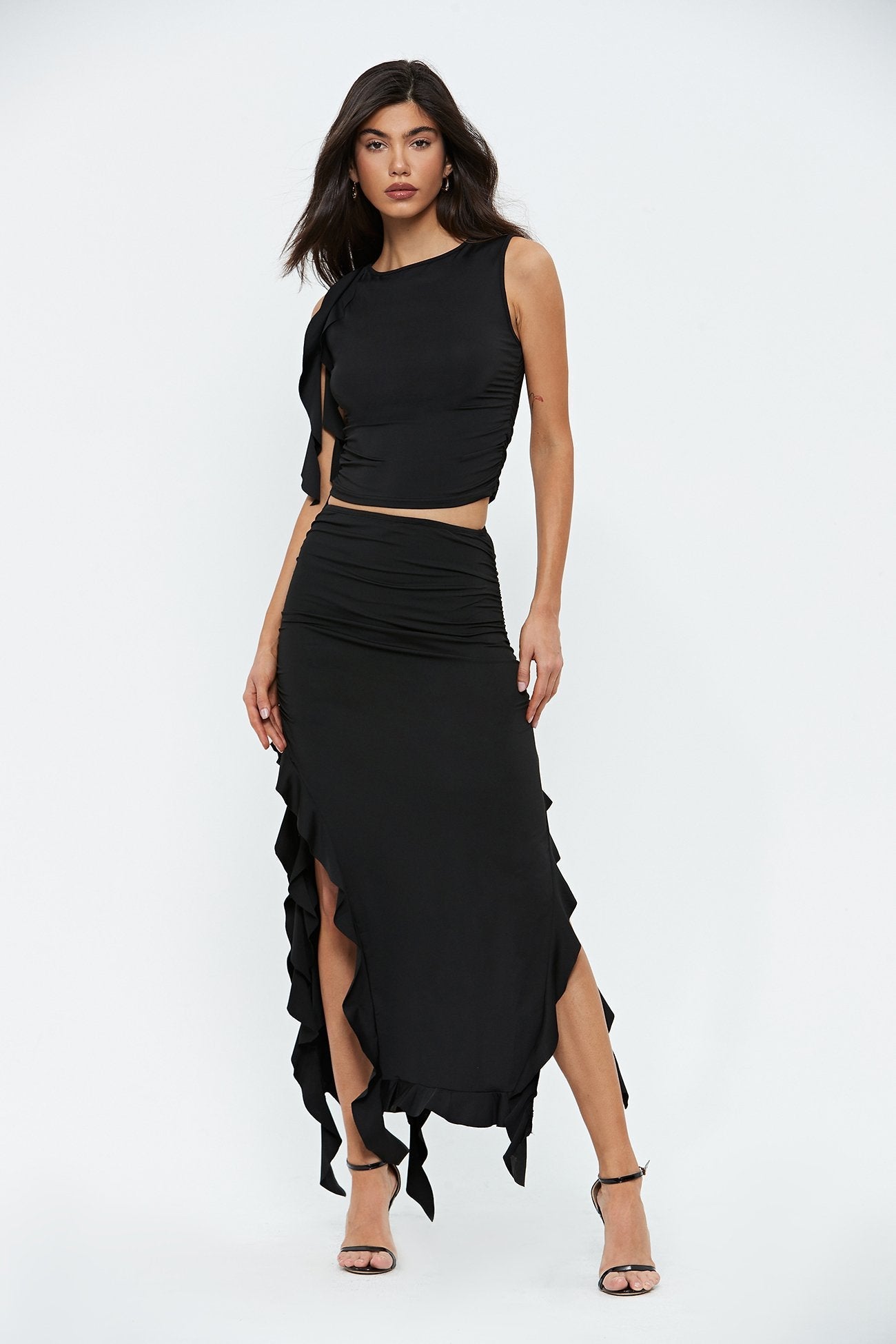 Ruffle Trim Sleeveless Crop Top & Split Hem Skirt Set