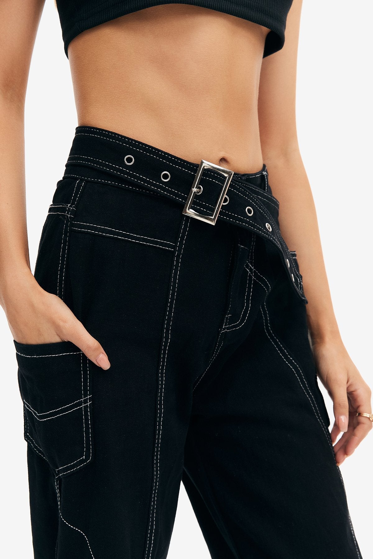 Buckled Belted Top-stitching Straight Leg Jeans