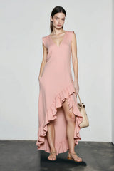 Romantic V Neck Ruffle Linen Vacation Dress