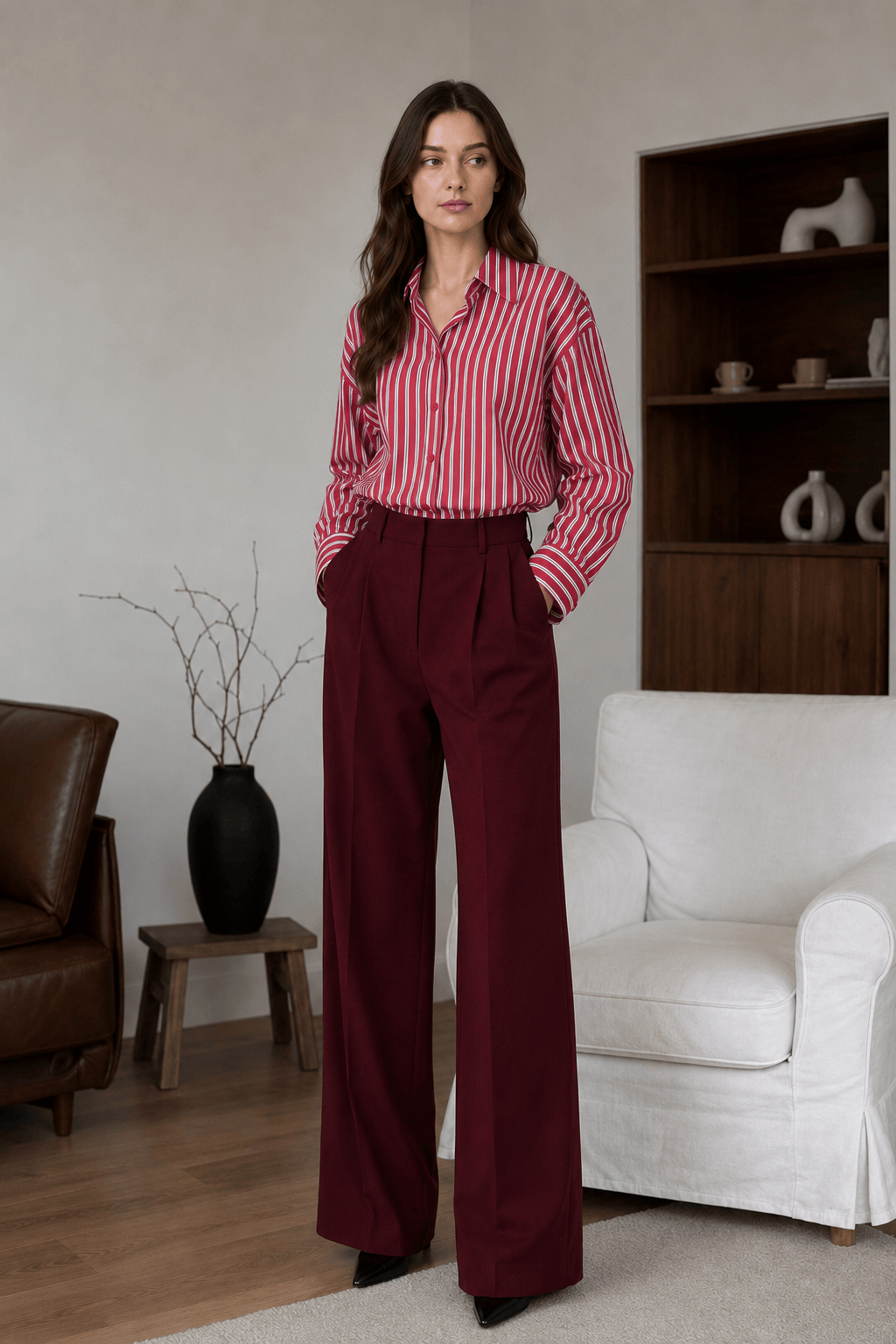 Red Striped Long Sleeve Distinctive British Blouse