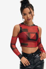 Mesh Cold Shoulder Geometric Print Crop Top