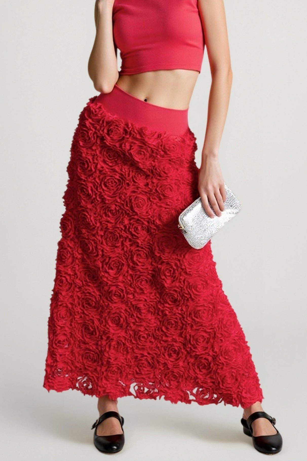 Floral Applique Evening Maxi Skirt