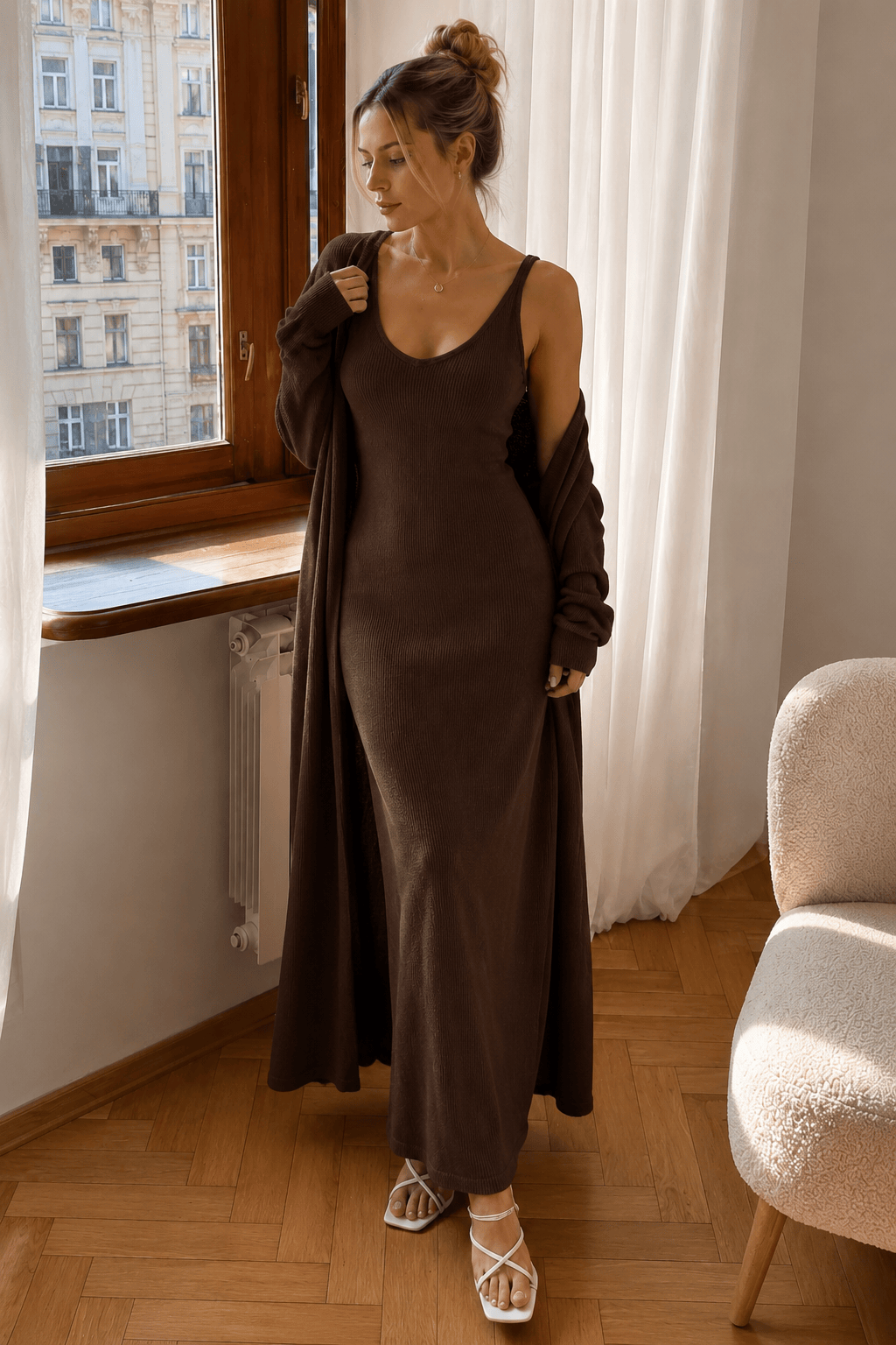 Solid V Neck Cotton Knit Bodycon Two Piece Set