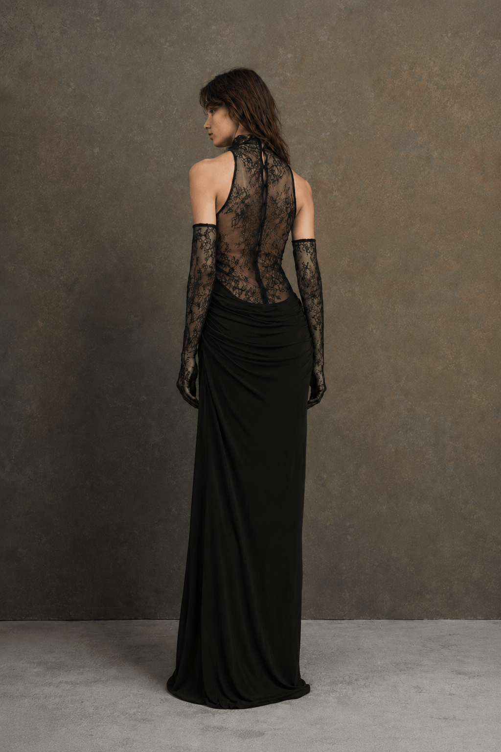 Lace Panel Halterneck Deep V Ruched Party Dress