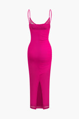 Lace Mesh Ruched Slit Slip Maxi Dress