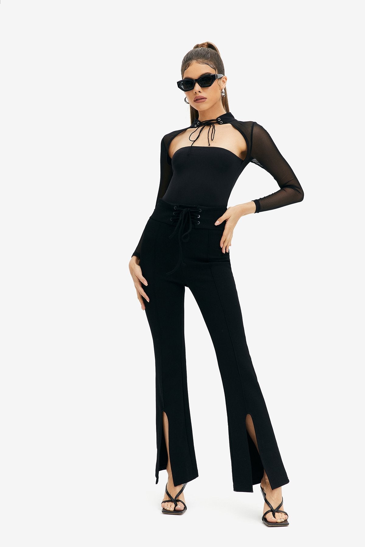Cut Out Tie Detail Mesh Splicing Bodysuit