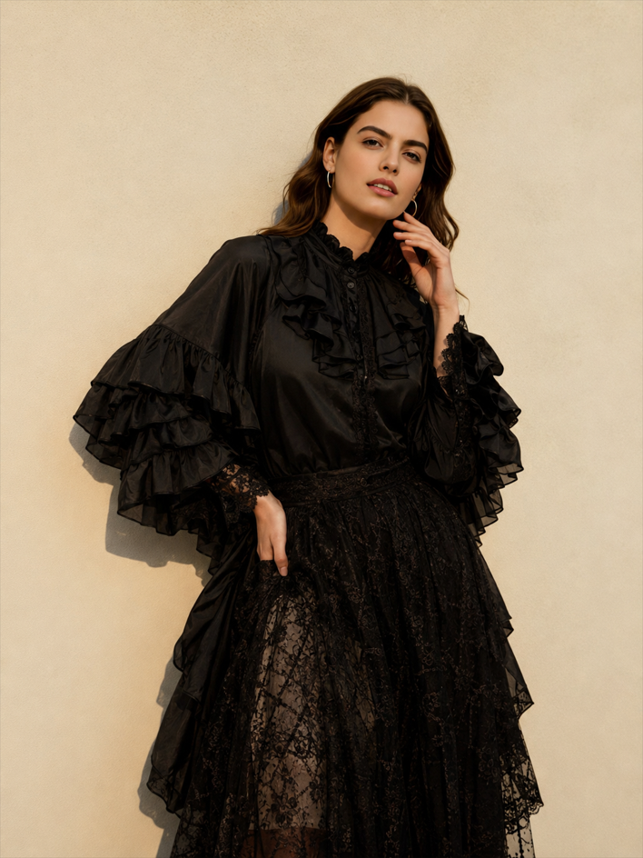 Dark Frill Batwing Sleeve Top