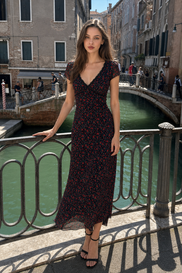 Black Rose V Neck Slim Fitted Bodycon Floral Dress