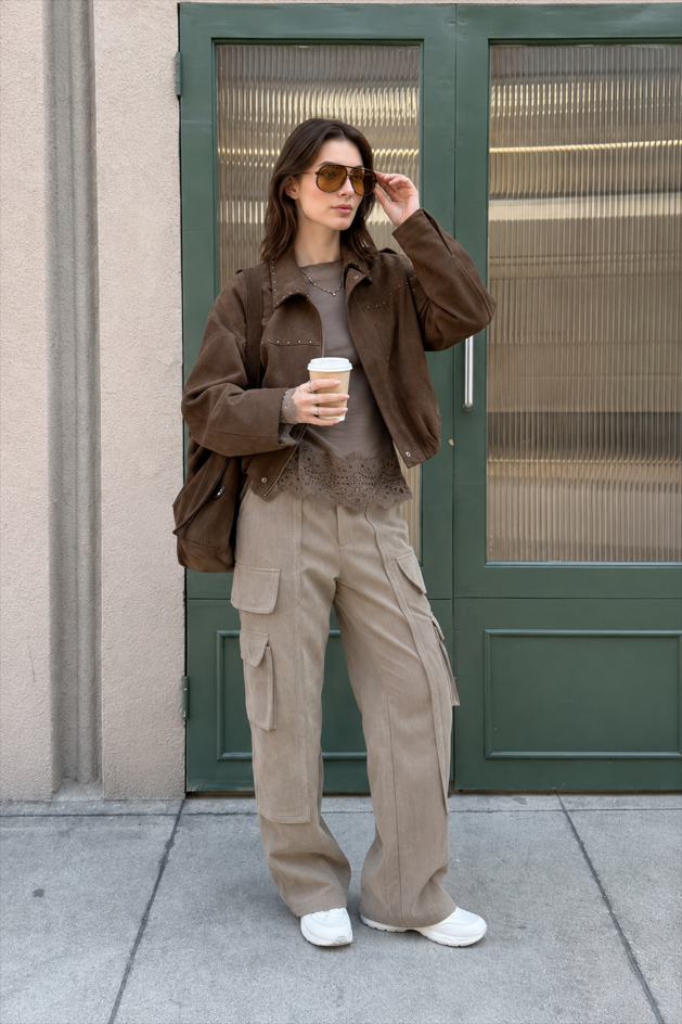 Corduroy Paneled Double Pocket Cargo Pants