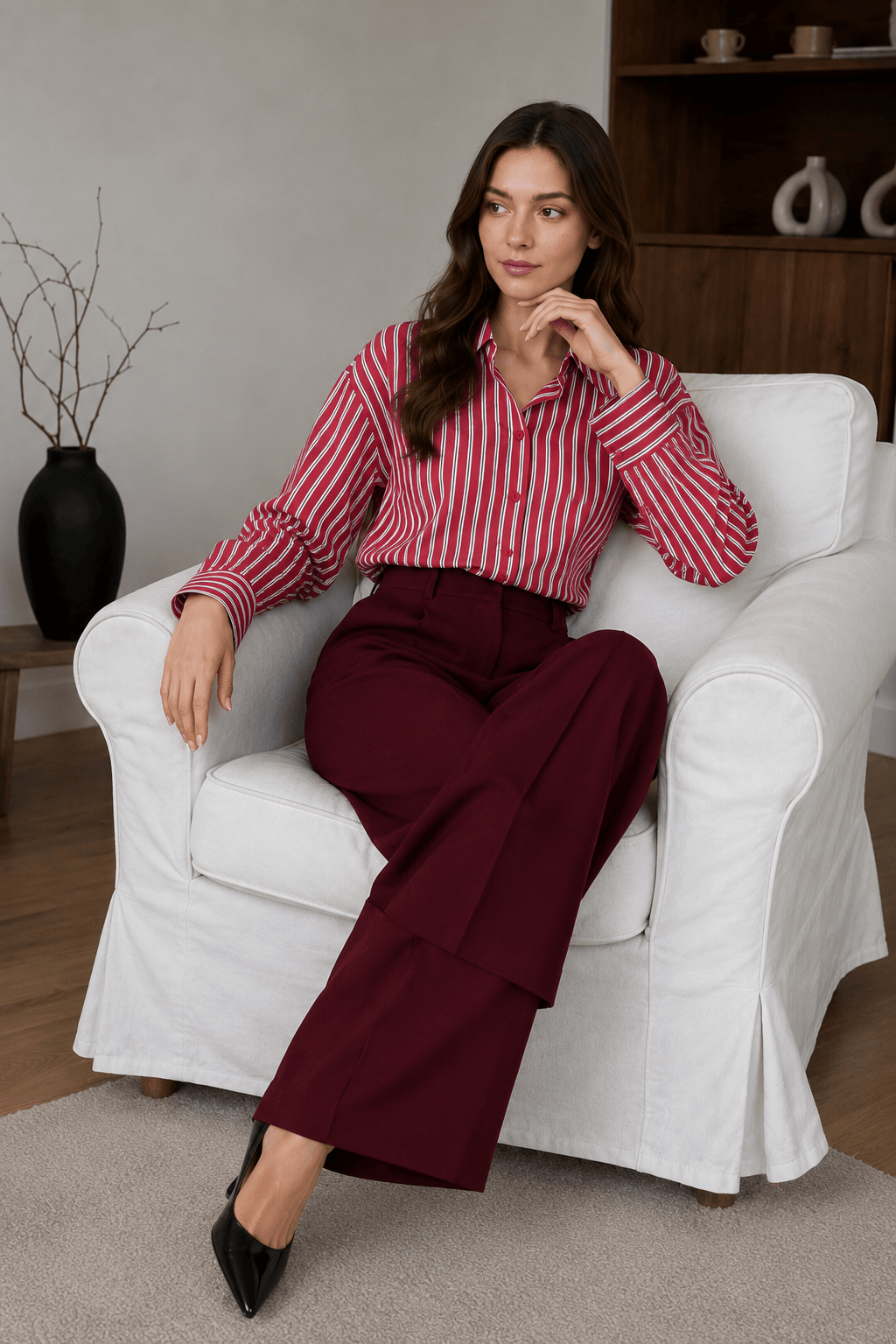Red Striped Long Sleeve Distinctive British Blouse
