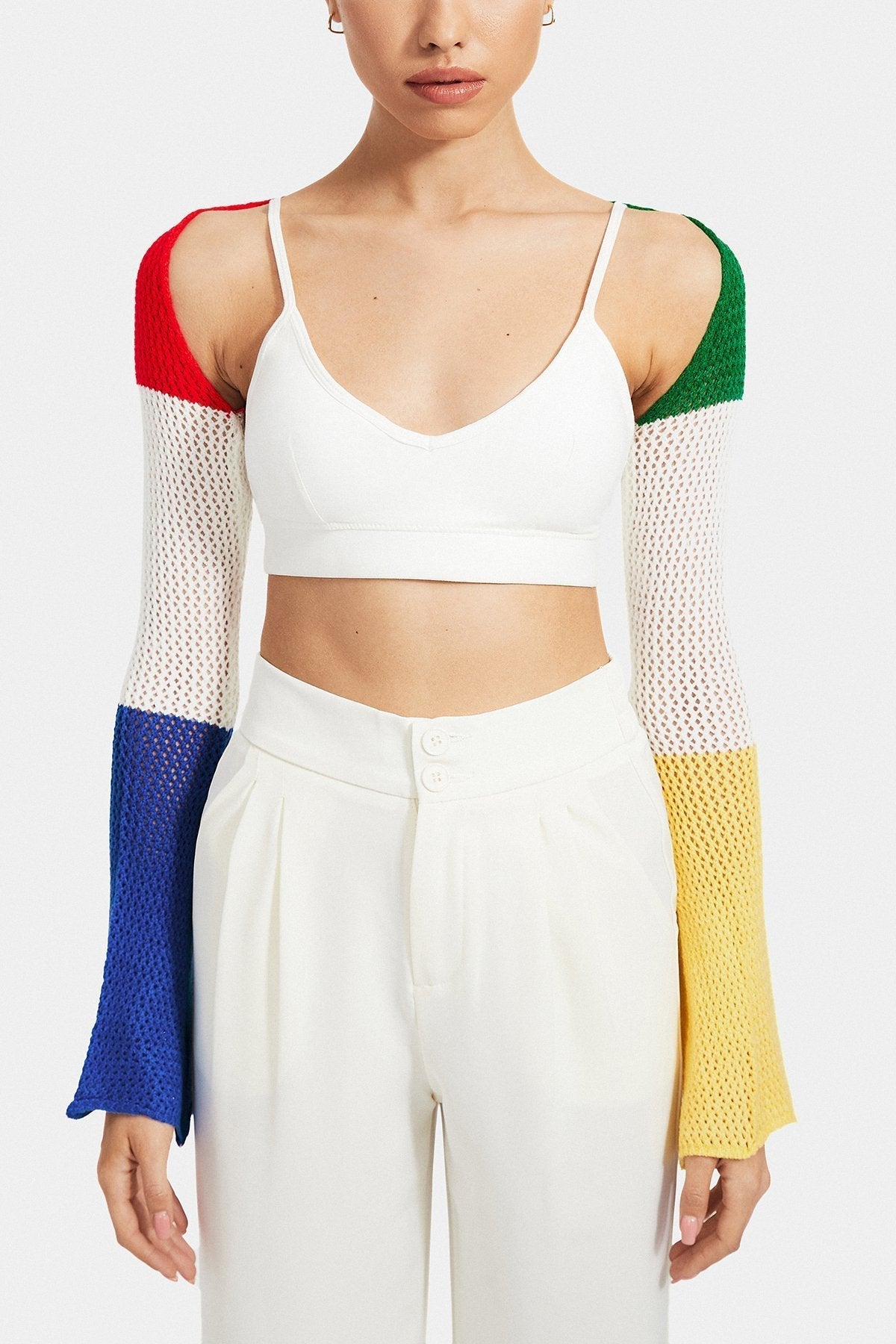 Knitted Colorblock Long Sleeve Top Without Cami Top