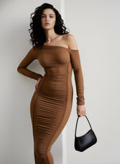 Diagonal Collar Draped Mesh Maxi Dress