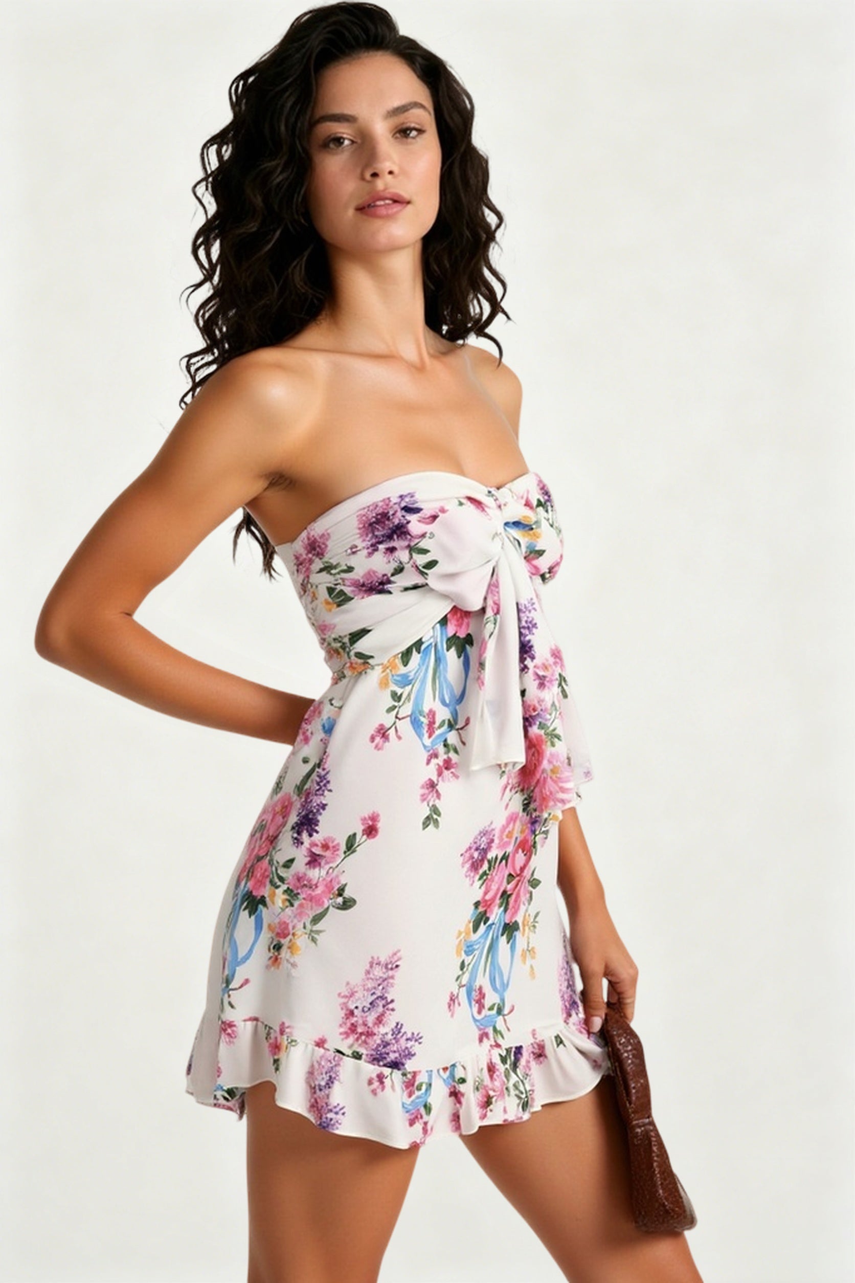 Floral Print Strapless A Line Dress