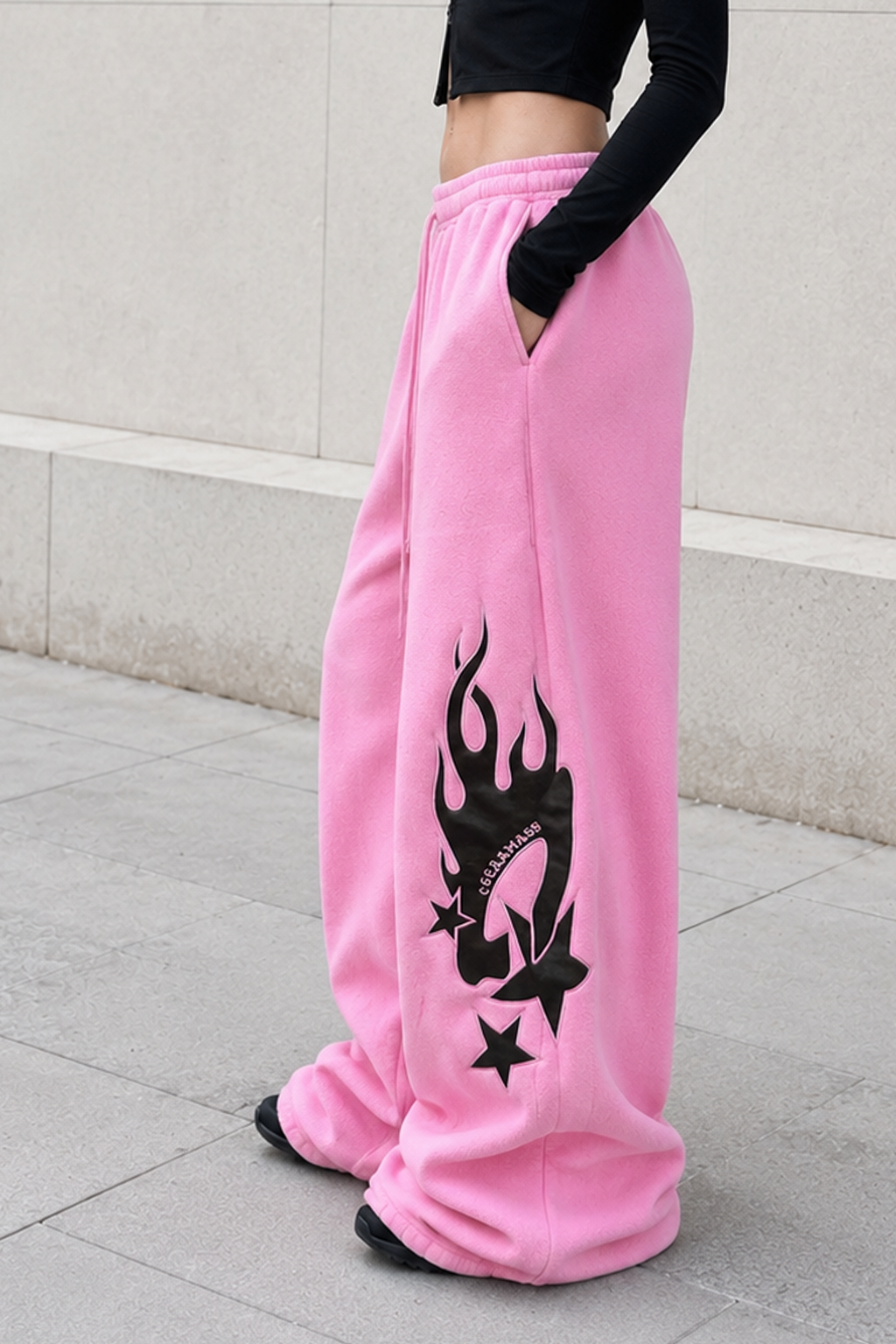 Thickened Flame Print Drawstring Wide-Leg Pants