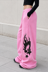 Thickened Flame Print Drawstring Wide-Leg Pants