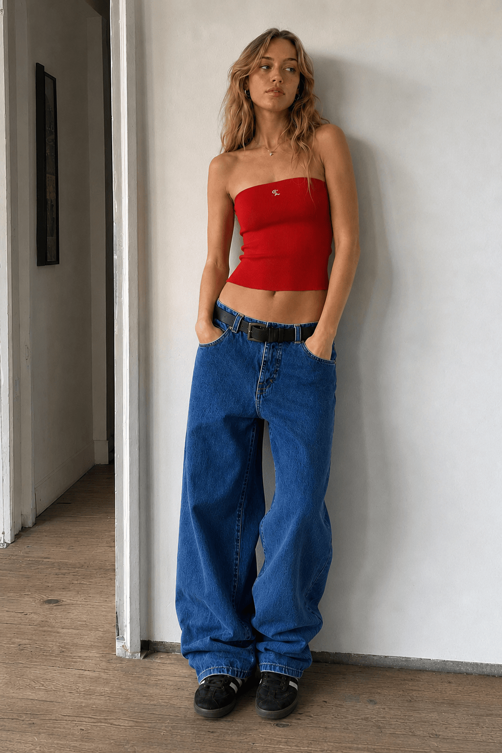 Minimalist Pocket Embroidery Relaxed Wide Leg Jeans