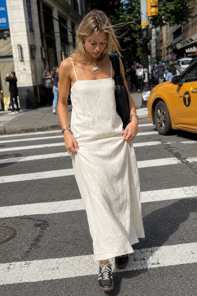 Khaki Linen Cotton Cami Loose Office Maxi Dress