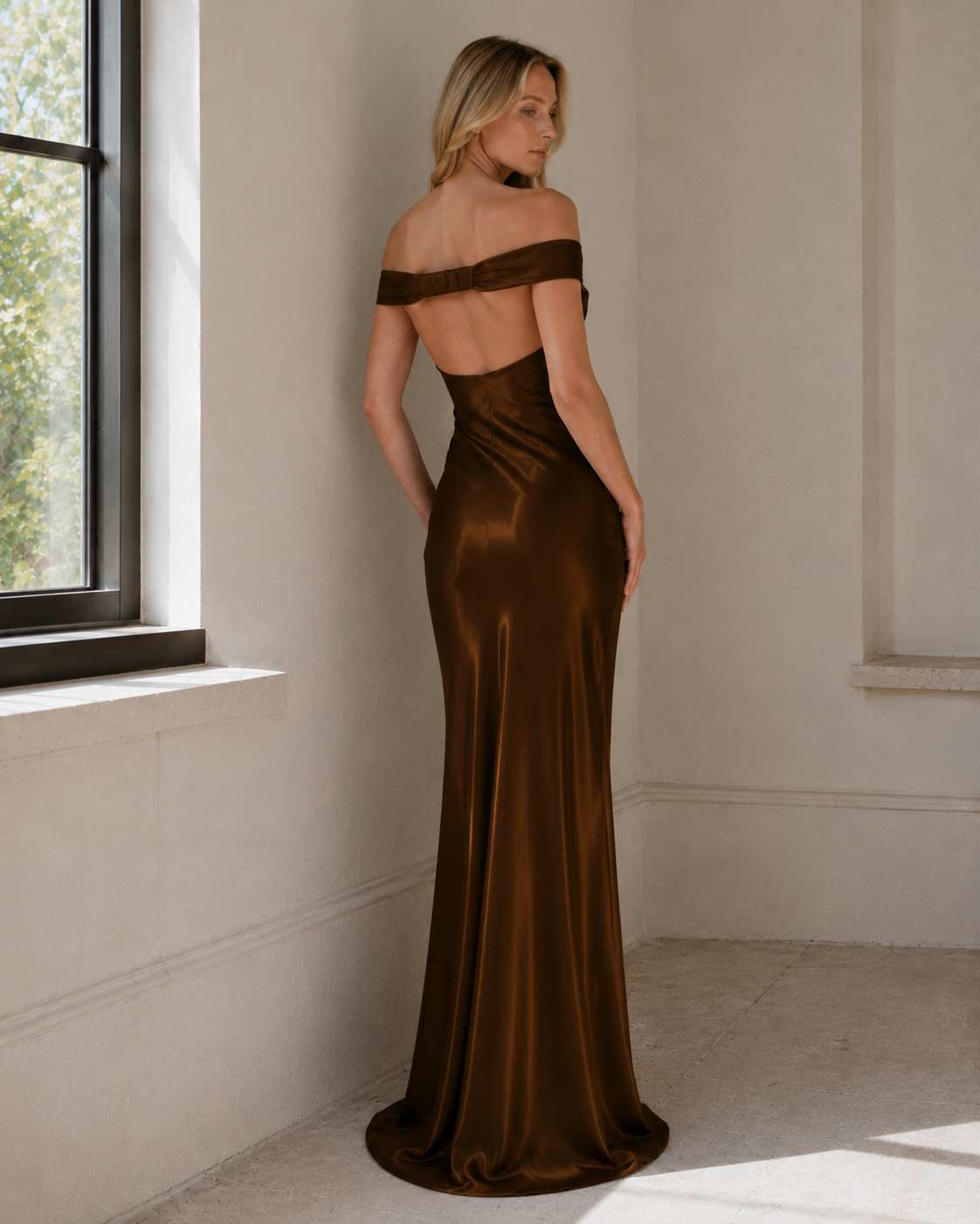 Vintage Satin Mermaid Off Shoulder Maxi Dress