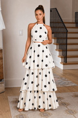 Polka Dot Halter Sleeveless Top Tiered Skirt Set