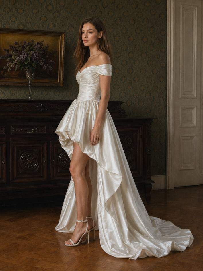 Satin Off Shoulder High Low Reception Dress