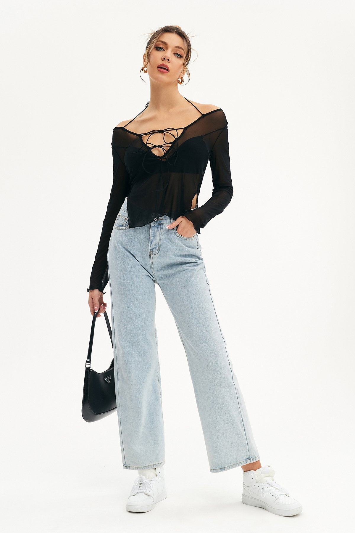 Mesh Lace Up Split Hem Crop Top