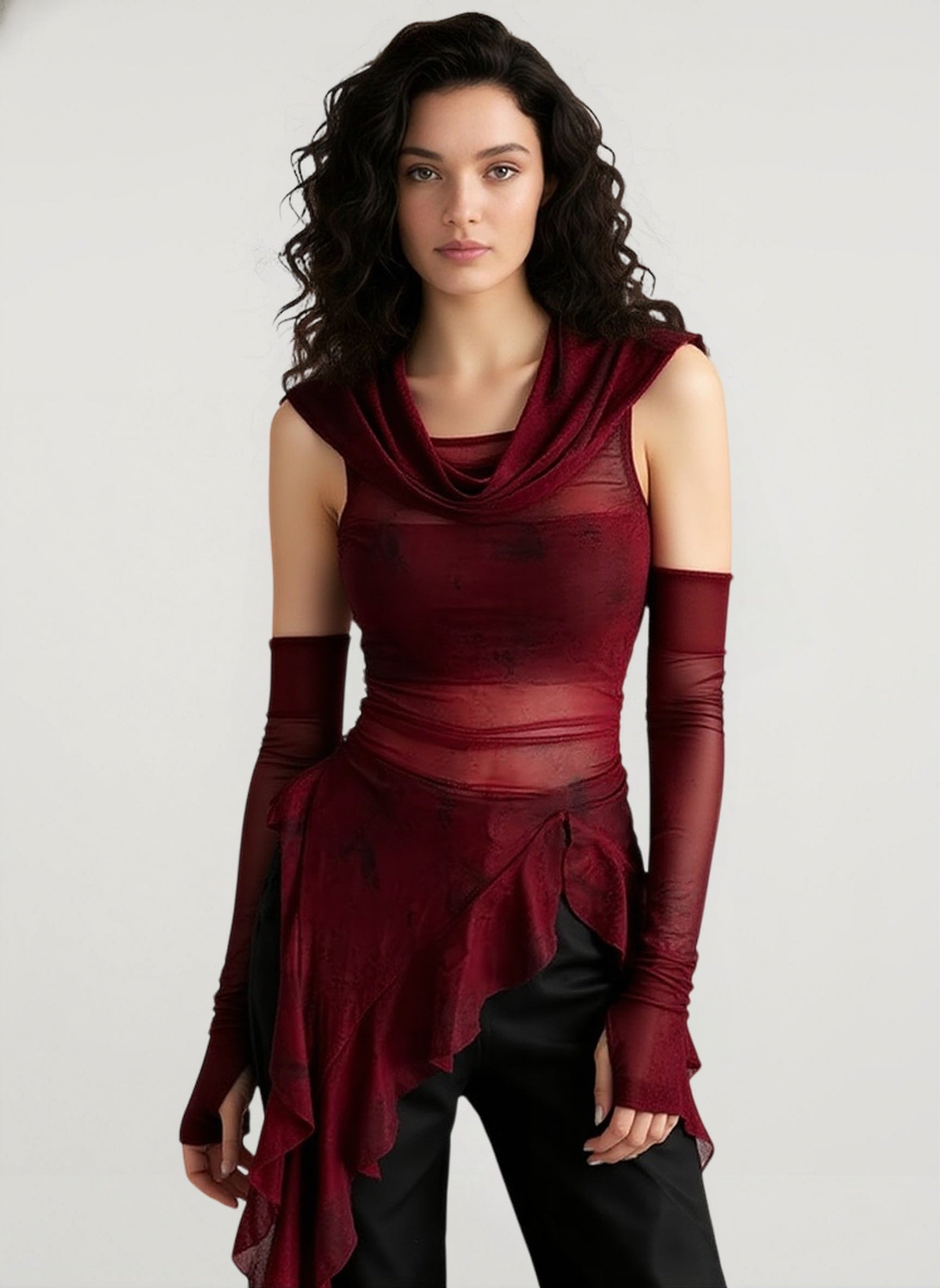 Cyber Grunge Mesh See Through Hooded Sheer Top