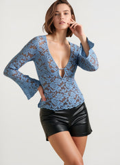 Sexy Lace Deep V Sheer Long Sleeve Blouse