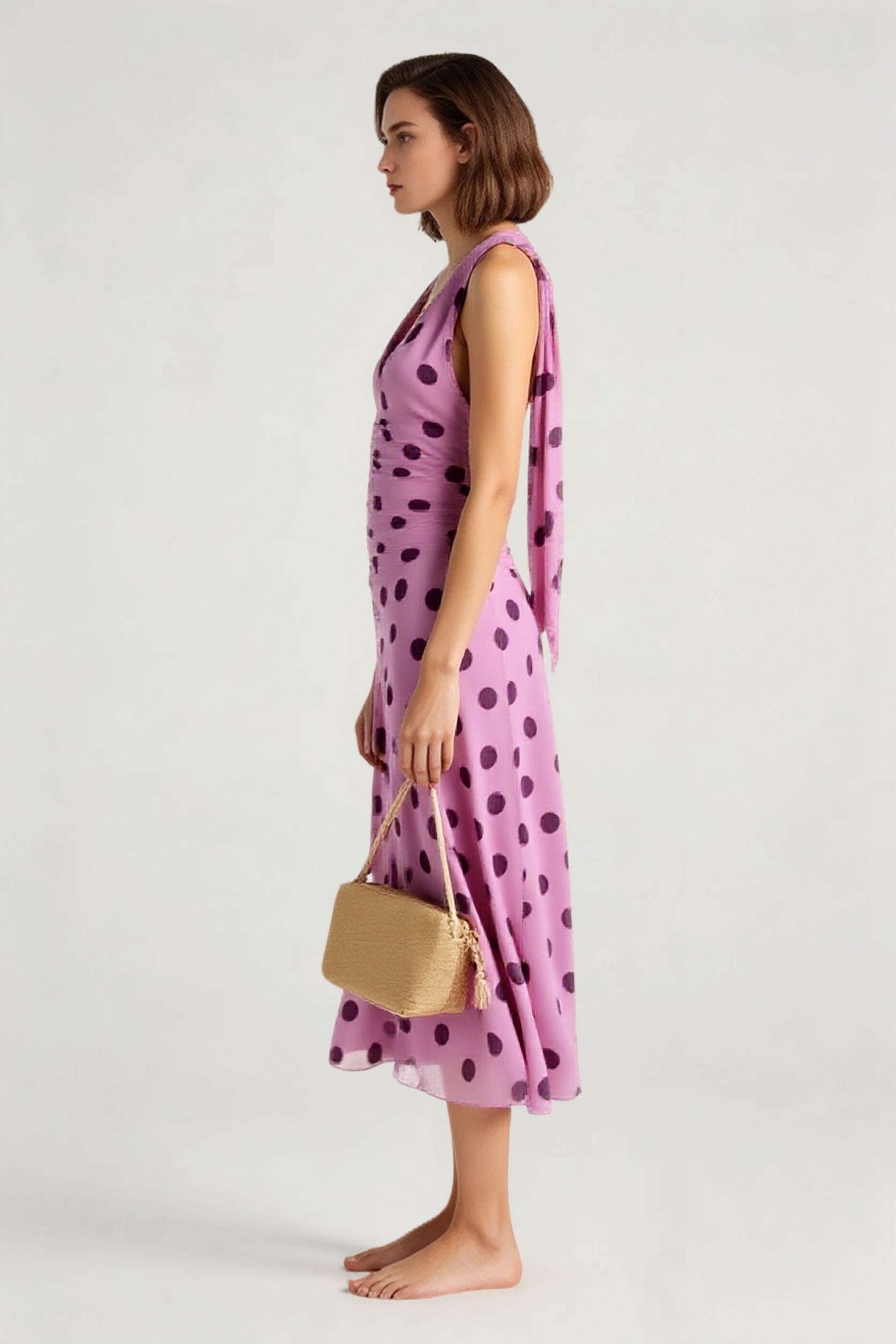 Vintage Polka Dot Halter V-neck Maxi Dress