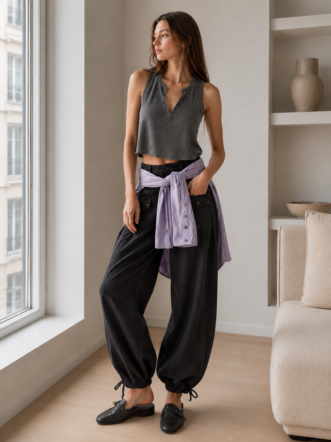 Ruched Mid Rise Wide Leg Jeans