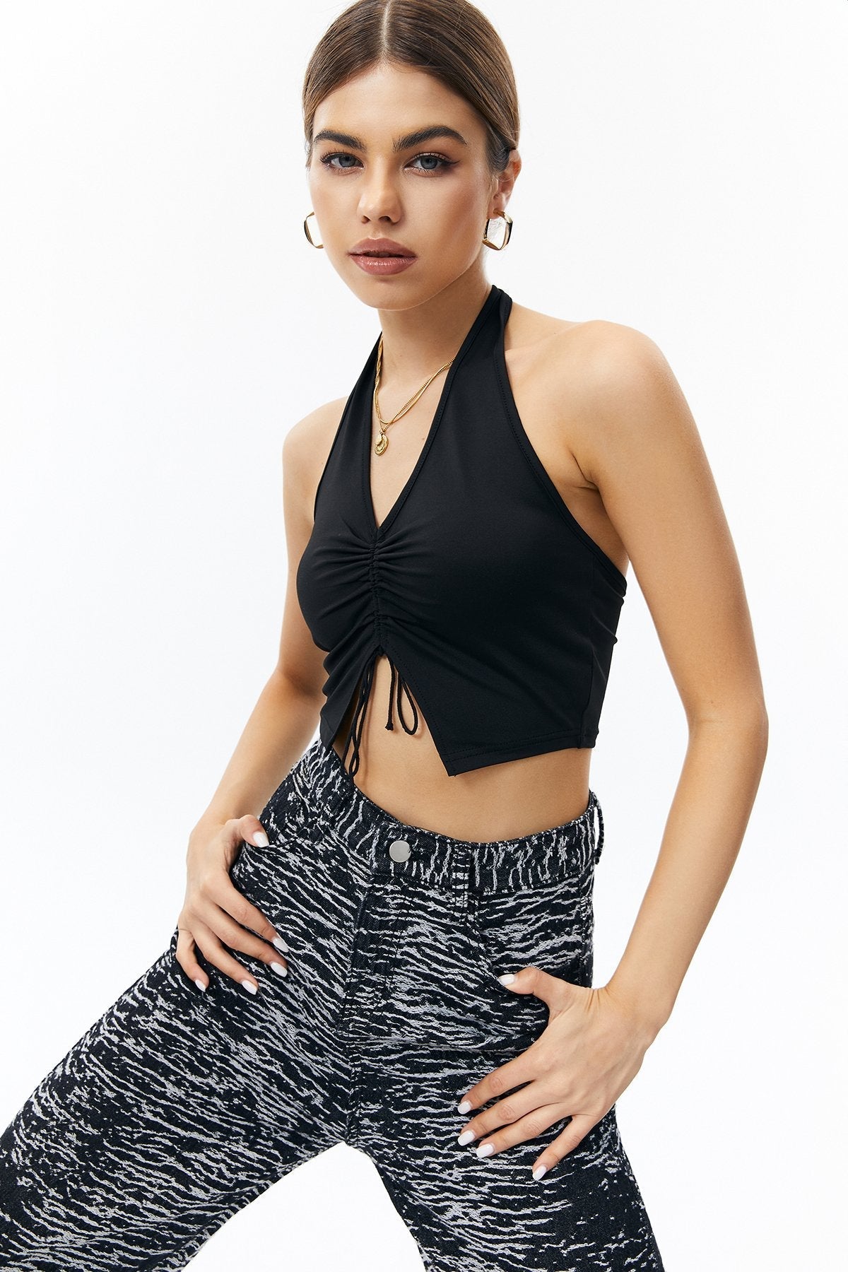 Drawstring Ruched Backless Crop Top