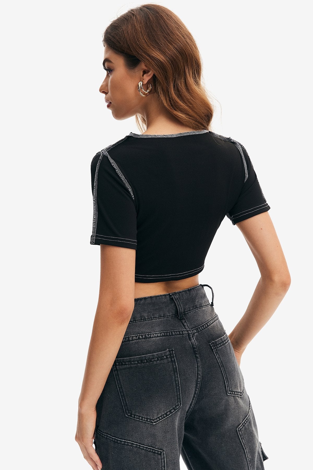 Lace Up Short Sleeve Seam Detail Crop Top