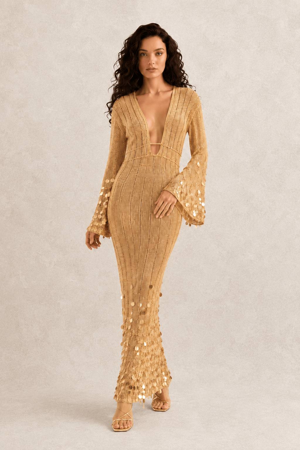 V Neck Belted Sequin Knit Maxi Dress